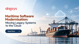Maritime software modernisation showing a cargo ship and port connected to cloud-based technology.