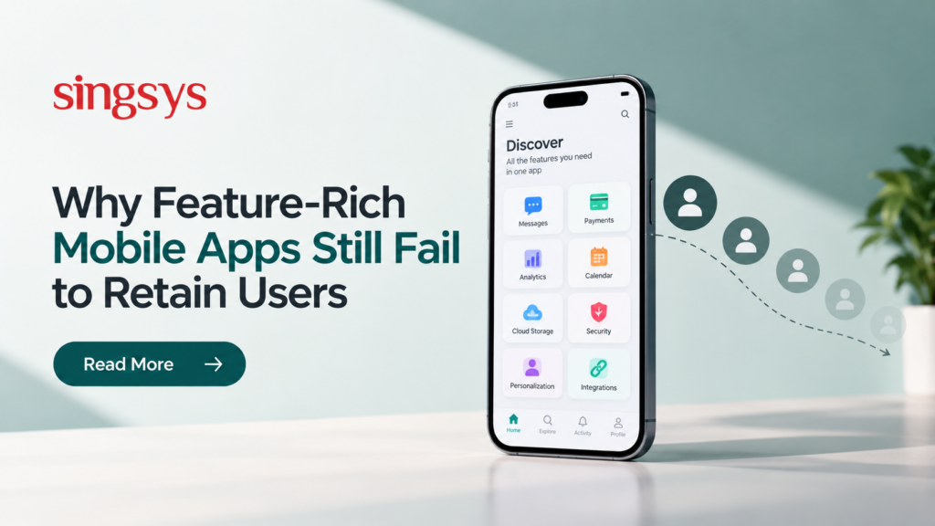 Mobile app user retention concept showing a feature-rich smartphone application and declining user engagement.